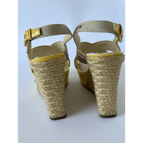 Louis Vuitton Logo Wedge Sandals Heels Espadrilles Cream w Yellow Patent EU 37 - Picture 7 of 11